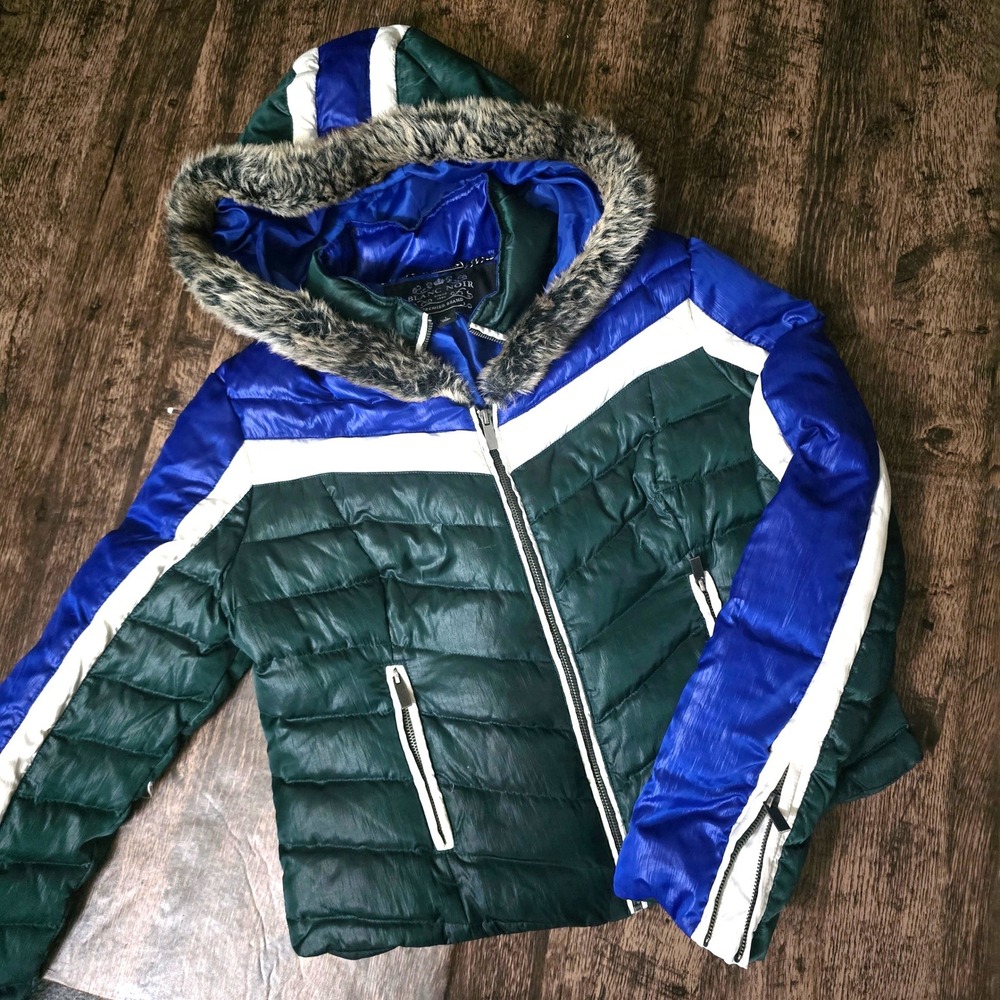 BLANC NOIR Puffer Jacket Womens‎ Large Green Blue Excellent Faux Fur Hood